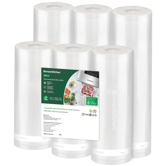 Bonsenkitchen Vacuum Sealer Bags, 6 Pack 3 Rolls 11" x 20' + 3 Rolls 8" x 20' Food Sealer Bags, Food Grade, BPA Free, Customized Size Vcuum Bag for Vac Storage, Meal Prep or Sous Vide Cooking, VB3211