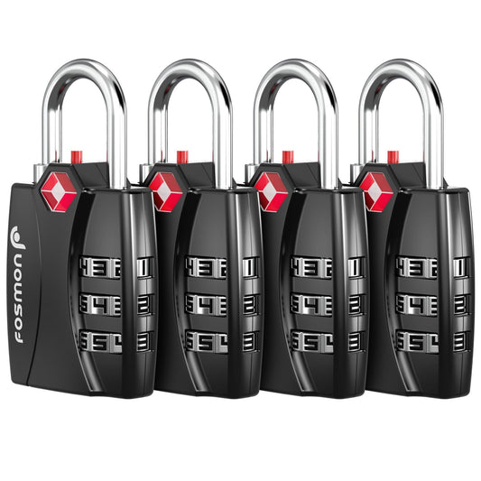Fosmon TSA Accepted Luggage Locks (Black - 4 Packs), Open Alert Indicator 3 Digit Combination Padlock Codes for Travel Bag, Suit Case, Lockers