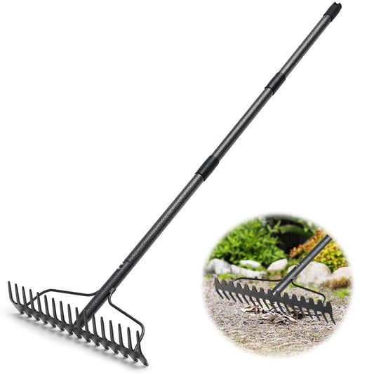 Garden Rake, 5FT Bow Rake Heavy Duty Leveling Rake with Adjustable Handle, 17 Tines Wide Head Metal Thatch Mulch Rakes for Gardening Leaves Lawn Yard