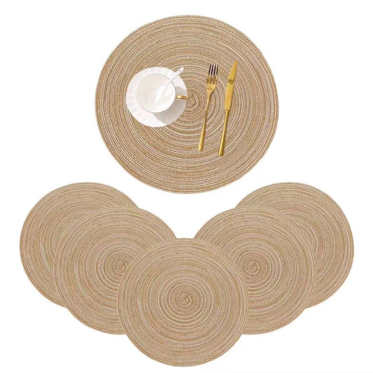 Fachoige 15 Inch Round Placemats for Dining Table Set of 6 Braided Fabric Table Mats Washable Round Braided Placemats for Dining Table Heat Insulation Kitchen (Khaki, 6pcs)