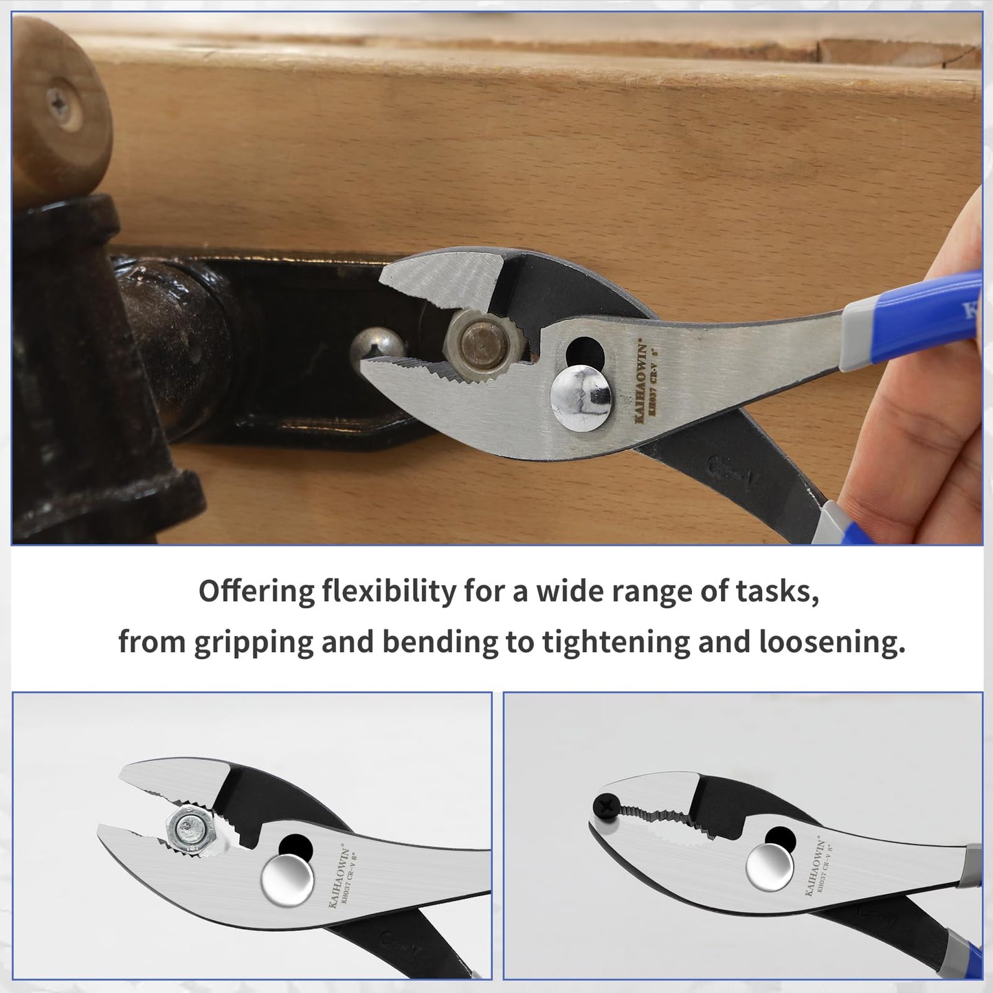 KAIHAOWIN Slip-Joint Pliers 8"& 10" Set of 2, Large Pliers Cr-V Heavy Duty Serrated Jaw with Rubber Grip Handle Plier Tool