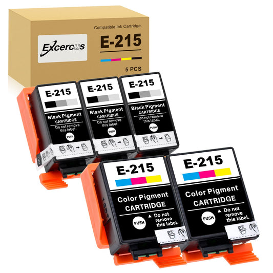 EXCERCUS Remanufactured T215 Ink Cartridges 215 T-215 Black & Tri-Color Cartridge Combo Pack for Epson Workforce WF-100 WF-110 EC-C110 Printers Pigment (3 Black, 2 Color, 5 Pack)
