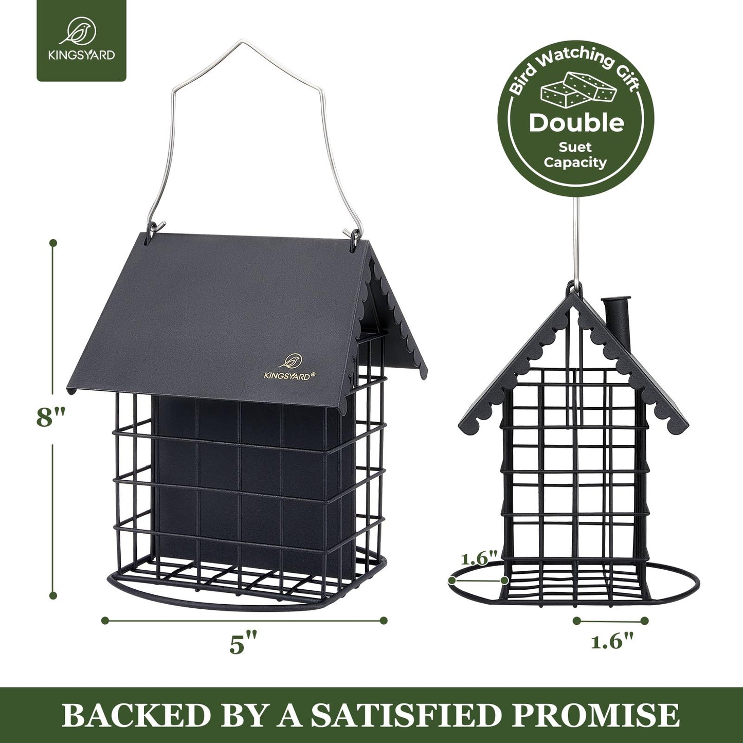 Kingsyard Cute Suet Feeder with Weatherproof Roof, All Metal, Two Suet Capacity, Outdoor Cage Bird Feeder for Wild Bird, w/Hanger, Black