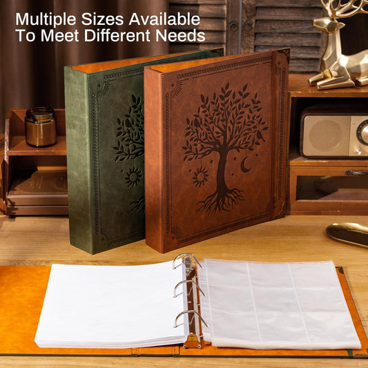 Ovesmusl Leather D Ring Binder Fits 8.5"x11" Letter Size Paper, 1.5 Inch EZD Ring Binders Holds 400 Sheets, Notepad Paper Cover Loose Leaf Organizer with Inner Pockets, Brown Tree
