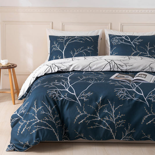 Duvet Cover Queen, Tree Branches Pattern Bed Sets, Ultra Soft Microfiber Bed Set, 3 Piece Breathable Queen Duvet Cover Set with Zipper Closure, Corner Ties, (90x90 Inch, Blue)