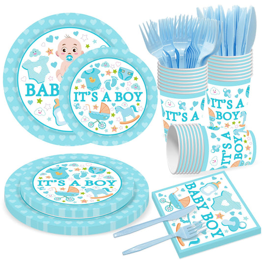 Poqirzan 144PCS Gender Reveal Party Supplies Baby Shower Plates and Napkins Tableware Sets for Boy Baby Shower Party Decorations Including Paper Cartoon Plates Napkins Cups Forks Serve 24
