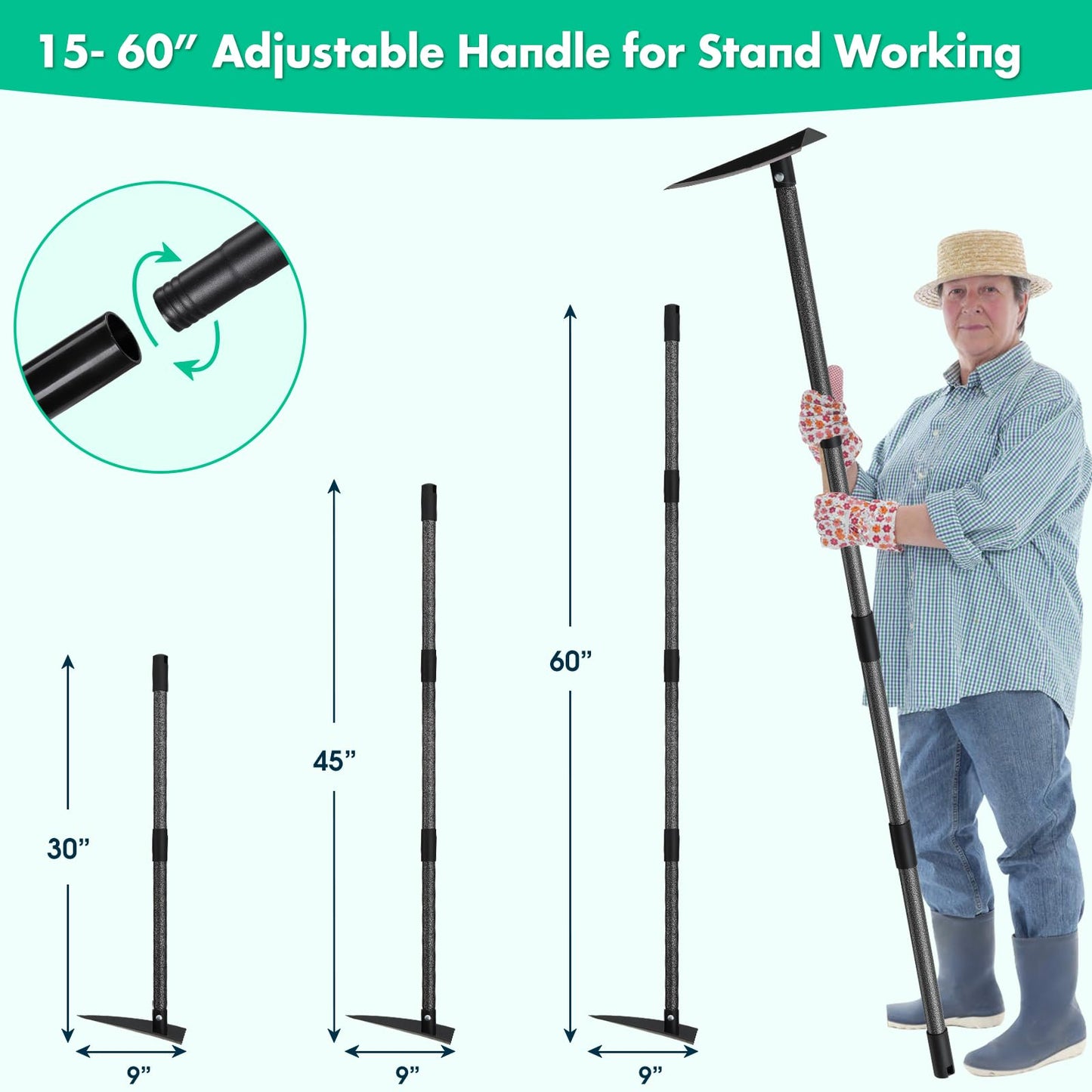 Garden Hoe Tool,Triangle Gardening Hoe with Sharp Blade for Digging,Weeding,Cutting and Loosing Soil,60 Inch Adjustable Length Metal Handle