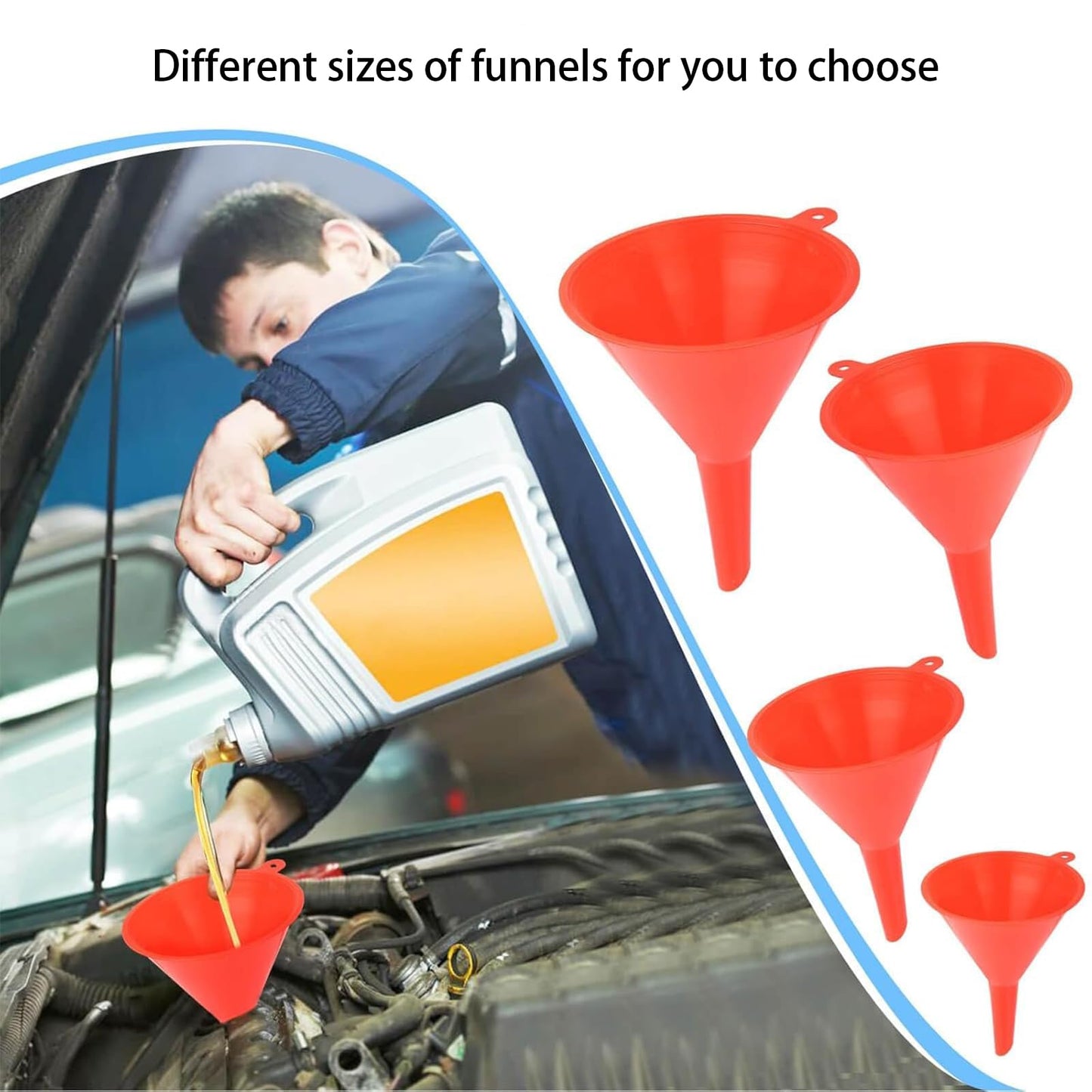 8 Pieces Filling Funnel Set, Gasoline Fuel Funnel，Right Angle Flexible Plastic Funnel Set, Universal Auto Gasoline Fuel Funnel with Detachable Hose and Manual Oil Absorber