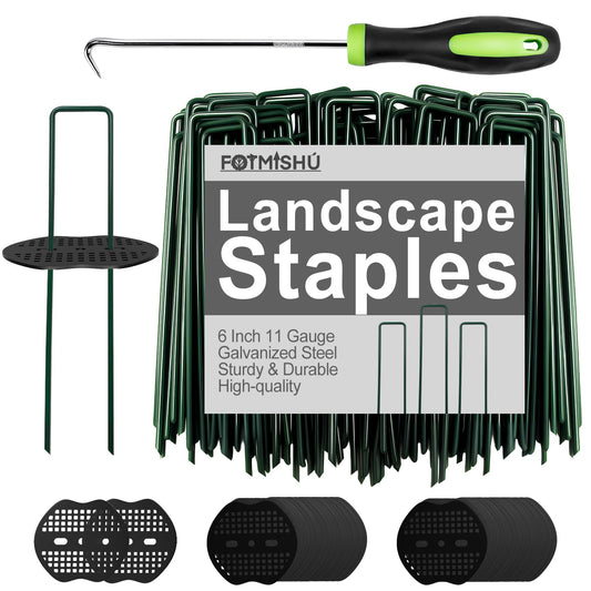 FOTMISHU Landscape Staples 6Inch 100Pcs Garden Stakes with 100pcs Gasket, Lawn Pins with Spray Coating Craft,11Gauge Anti-Rust Ground Yard Spikes Anchoring for Outdoor Tents Irrigation Hoses (Green)