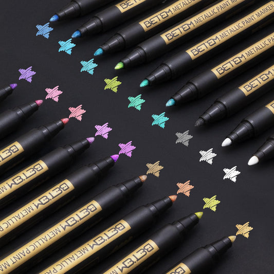 Betem Metallic Paint Markers, 18 Colors Acrylic Paint Markers for Black Paper, 2mm Medium Tips Metallic Glitter Pens for Scrapbooking, Rock Painting, Greeting Cards, Photo Albums, DIY Art Crafts