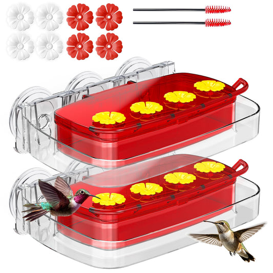 2 Pack Window Hummingbird Feeder with Strong Suction Cup, Plastic Hummingbird Feeders for Outdoors, Built-in Moat,Easy to Clean and Refil (10oz) (2, Red)