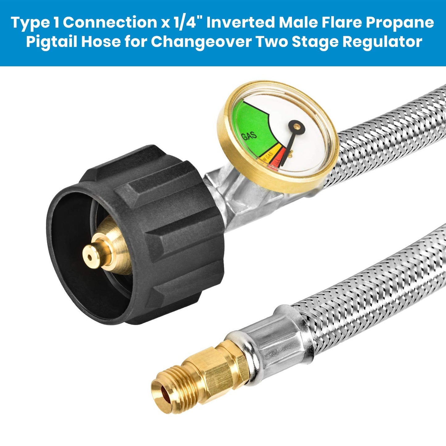 Stanbroil 15" RV Propane Pigtail Hose with Gauge for 2-Stage Auto Changeover Regulator, Stainless Steel Braided Hose with 1/4" Inverted Male Flare, 2PCS