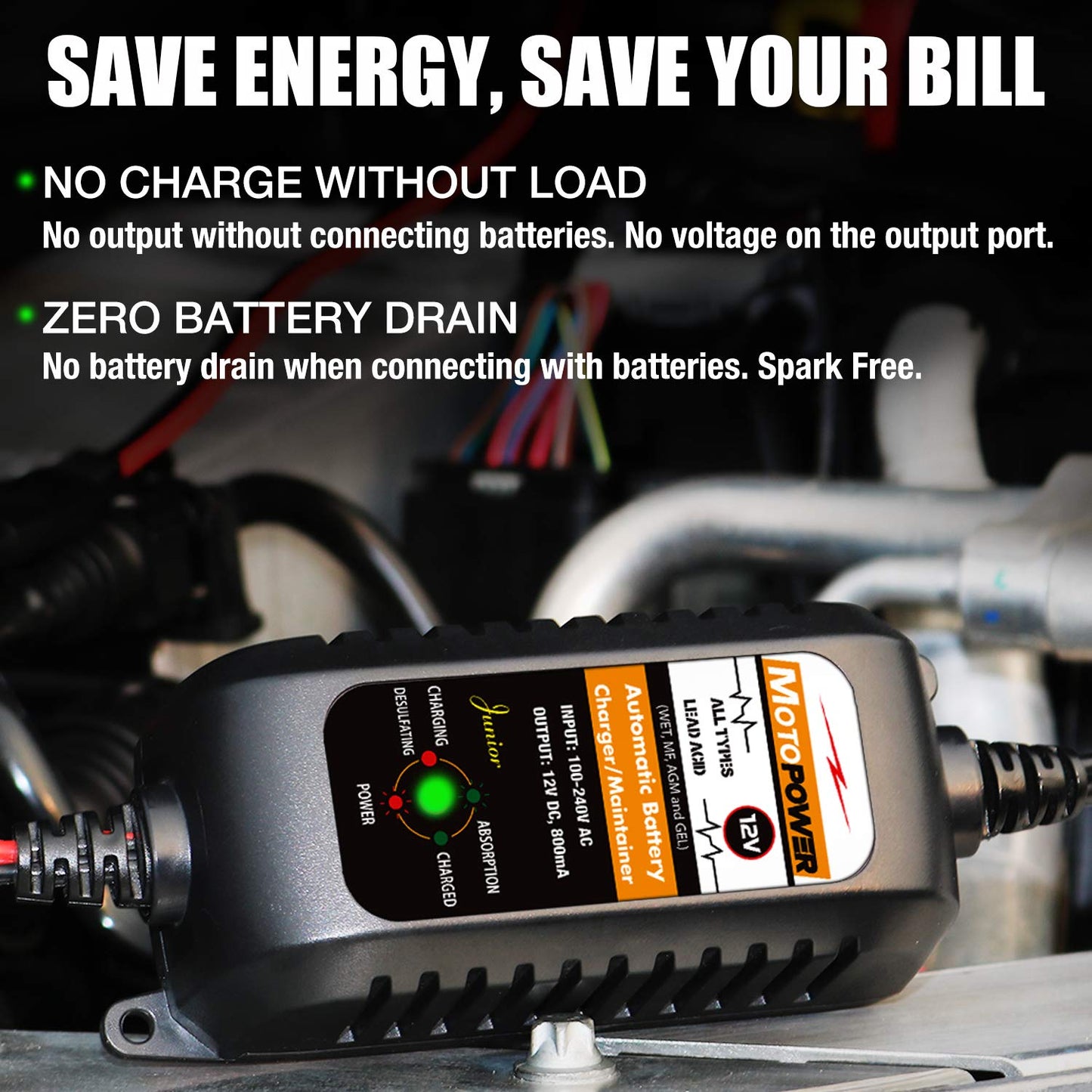 MOTOPOWER MP00205A 12V 800mA Automatic Battery Charger, Battery Maintainer, Trickle Charger, and Battery Desulfator