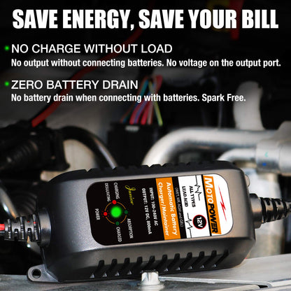 MOTOPOWER MP00205A 12V 800mA Automatic Battery Charger, Battery Maintainer, Trickle Charger, and Battery Desulfator