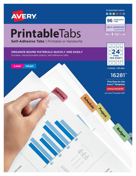 Printable Self-Adhesive Tabs, 1-1/4", Assorted (Blue, Green,