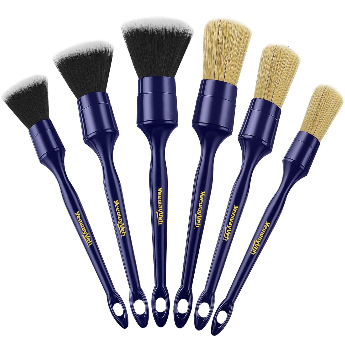 YeewayVeh 6PCS Car Detailing Brush Set, 3pcs Boars Hair Car Detailing Brushes, 3pcs Ultra Soft Detail Brush for Leather Seat Air Vents Engine Bay, Detail Brushes Car Detailing for Interior Exterior