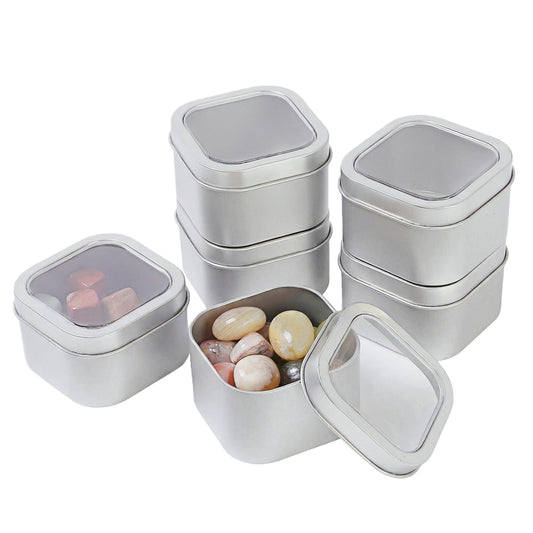 Empty 8-Ounce Capacity Square Silver Metal Tins with Clear Window for Candle Making, Candies, Gifts & Treasures (6 Pack)