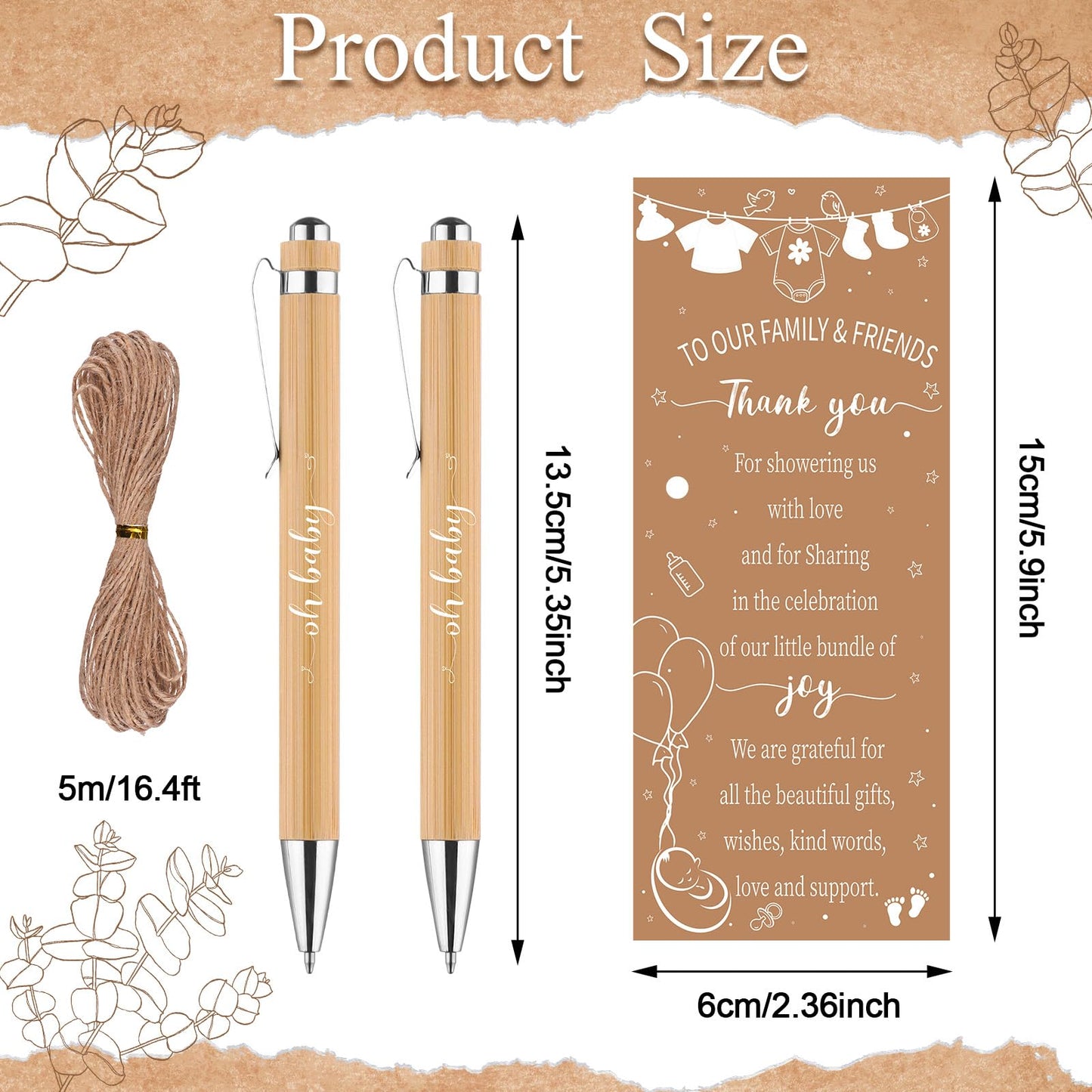 36 Sets Baby Shower Favors for Guests Bamboo Retractable Ballpoint Pens Thank You Cards with Hemp Rope for Gender Reveal Party Game Prizes Souvenirs (Baby Shower)