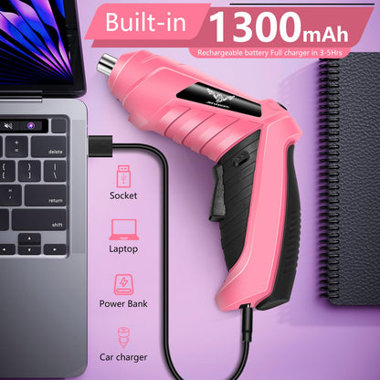 JENABOM 14 in 1 Electric Screwdriver Cordless Rechargeable Small Power Drill Set 3.6V Drill 3Nm Max Torque Electric Rotatable with LED Light Screwdriver, Pink