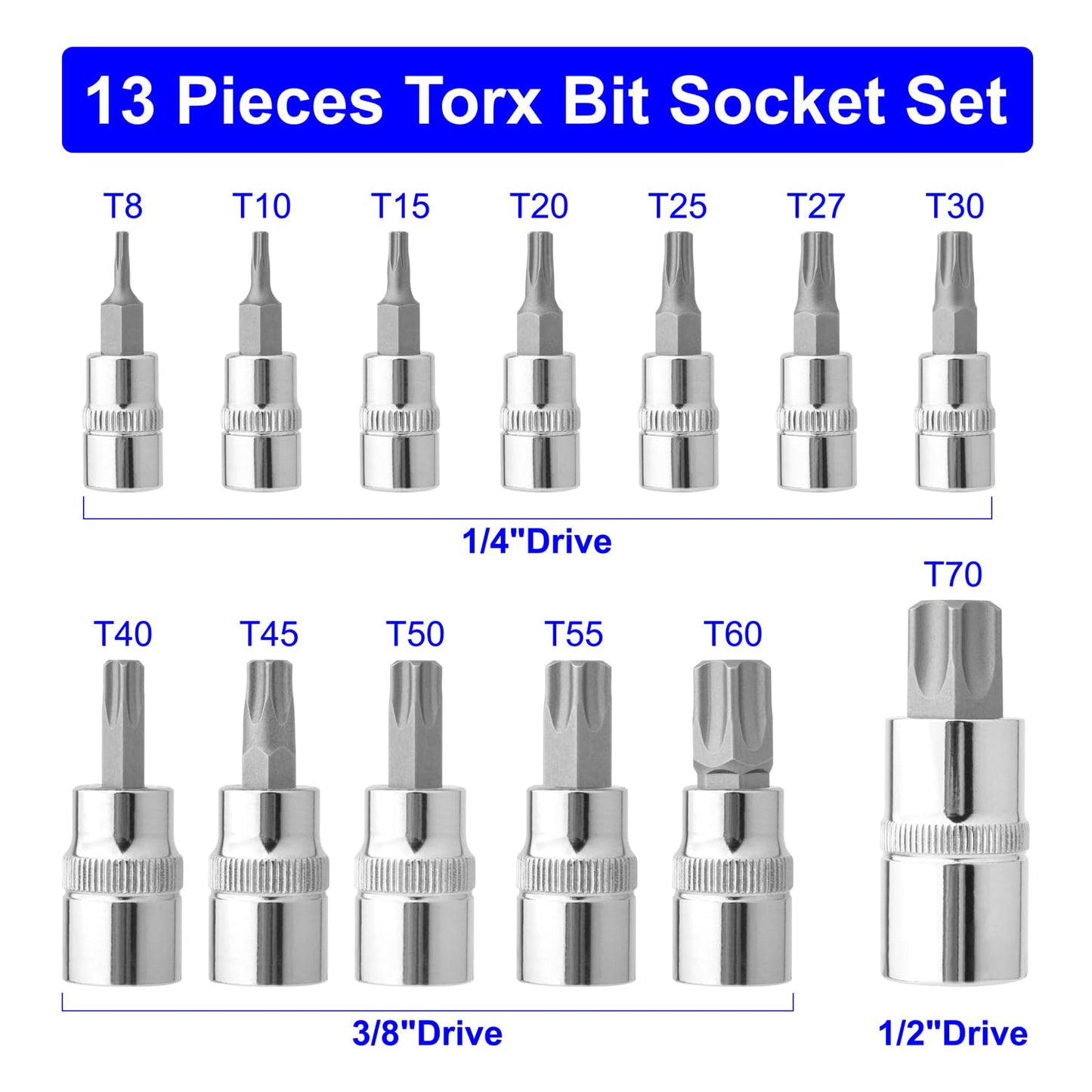 Gunpla Torx Bit Socket Set, 13-Piece Star T8 - T70 Set Chrome Vanadium Steel 1/4”, 3/8” and 1/2” Drive Heavy Duty Star Sockets Tools