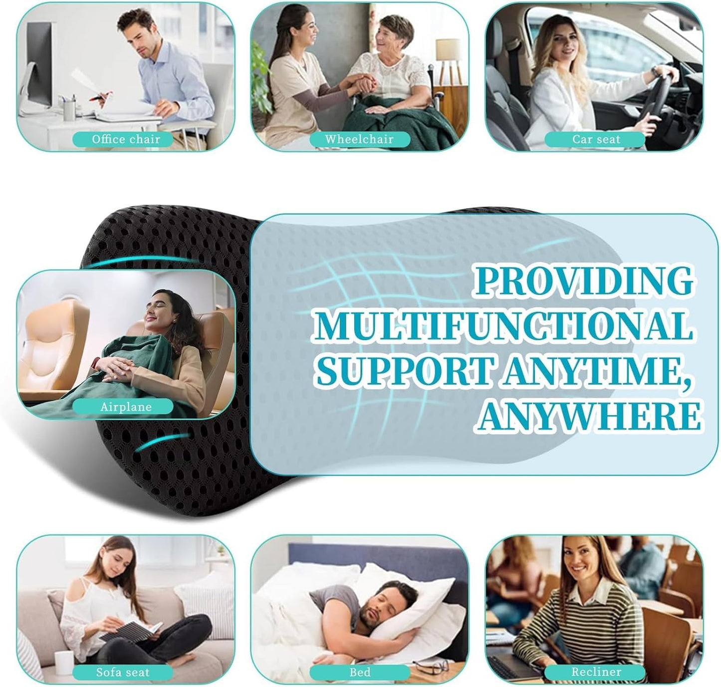 Lumbar Support Pillow,Memory Foam Back Cushion for Lower Back Pain Relief,Ergonomic Lumbar Support Cushion- for Car,Airplane,Office Chair (Black)