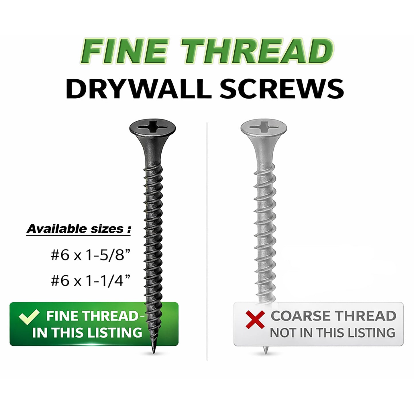 #6 x 1-5/8" Drywall Screws – Fine Thread, Sharp Point, Phillips Drive, Bugle Head, Black Phosphate – Contractor-Grade Drywall & Wood Fasteners + Driver Bit Included (500pcs)