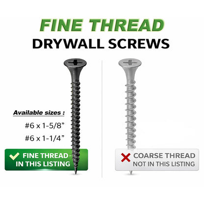 #6 x 1-5/8" Drywall Screws – Fine Thread, Sharp Point, Phillips Drive, Bugle Head, Black Phosphate – Contractor-Grade Drywall & Wood Fasteners + Driver Bit Included (500pcs)