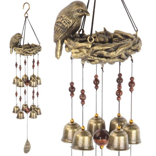 Gardenvy Bird Nest Wind Chime Bird Bells Chimes with 12 Wind Bells for Glory Motherâ‚¬s Love Gift Garden Backyard Church Hanging Decor Bronze