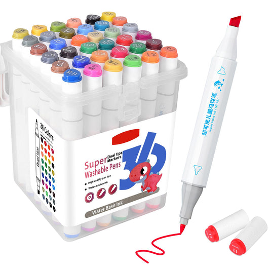 SAYEEC Washable Markers, 36 Colors Dual Tip Art Markers Set with Case, Fine Tip and Chisel Tip Water-Based Sketch Marker Pens for Artist Adults Coloring Drawing Sketching Card Making Illustration