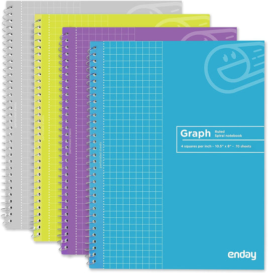 Emraw Graph Paper Notebook (4 Pack) Grid Notebook, Graph paper spiral notebook, Graph notebook, 4 Squares per inch Grid paper notebook, White Paper Quad Ruled Spiral Assorted Colors - by Enday