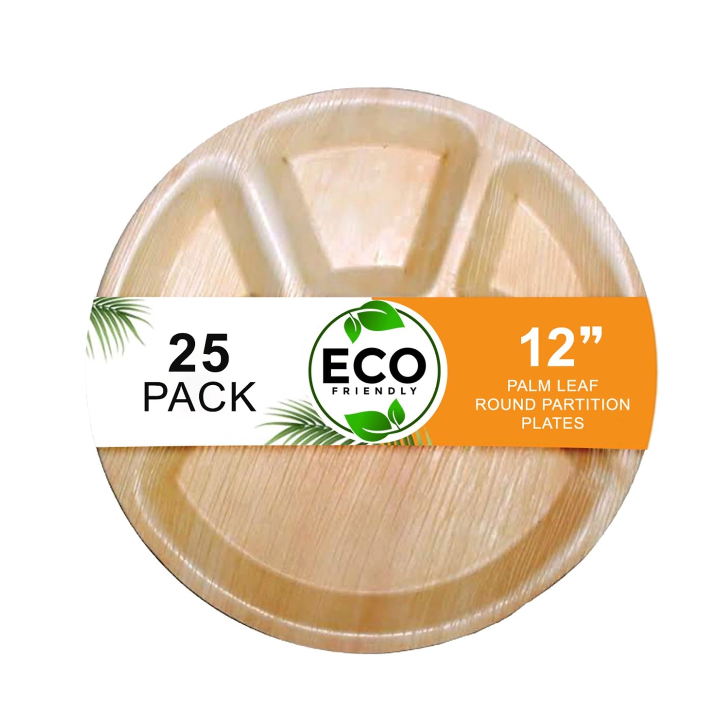 Naturelia 100% Compostable 12-Inch Palm Leaf Disposable 4 Partition Plates- Elegant, 100% Biodegradable, Natural & Eco Friendly, Wedding, Party, Picnic & Event Partition Plates