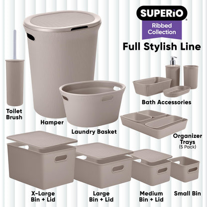 Superio Ribbed Collection - Decorative Plastic Toilet Bowl Brush and Holder Set, Taupe (1 Pack) Cleaner Scrubber for Bathroom