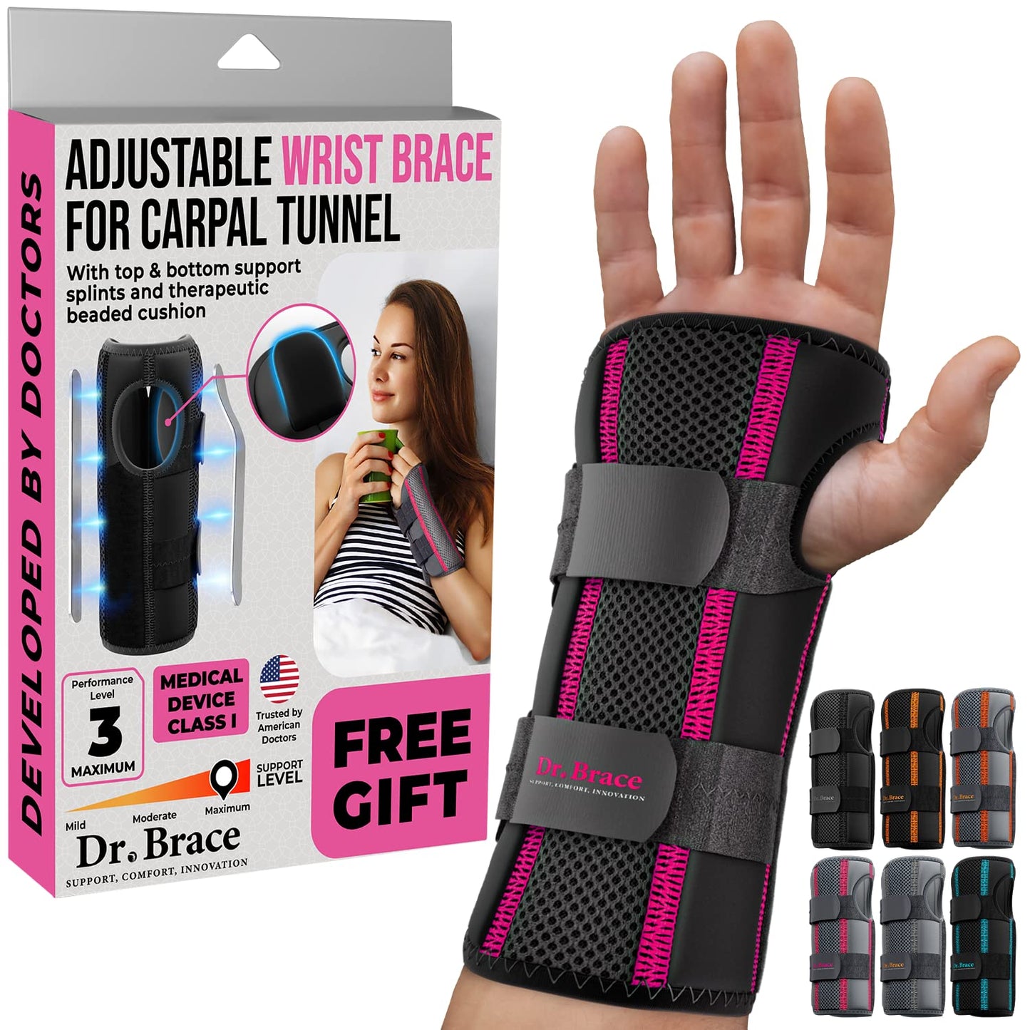 DR. BRACE Adjustable Wrist Brace Night Support for Carpal Tunnel, FSA & HSA Eligible, Doctor Developed, Upgraded with Double Splint & Therapeutic Cushion, Hand Brace for Pain Relief, Injuries, Sprains (S/M Right Hand, Black-Pink)
