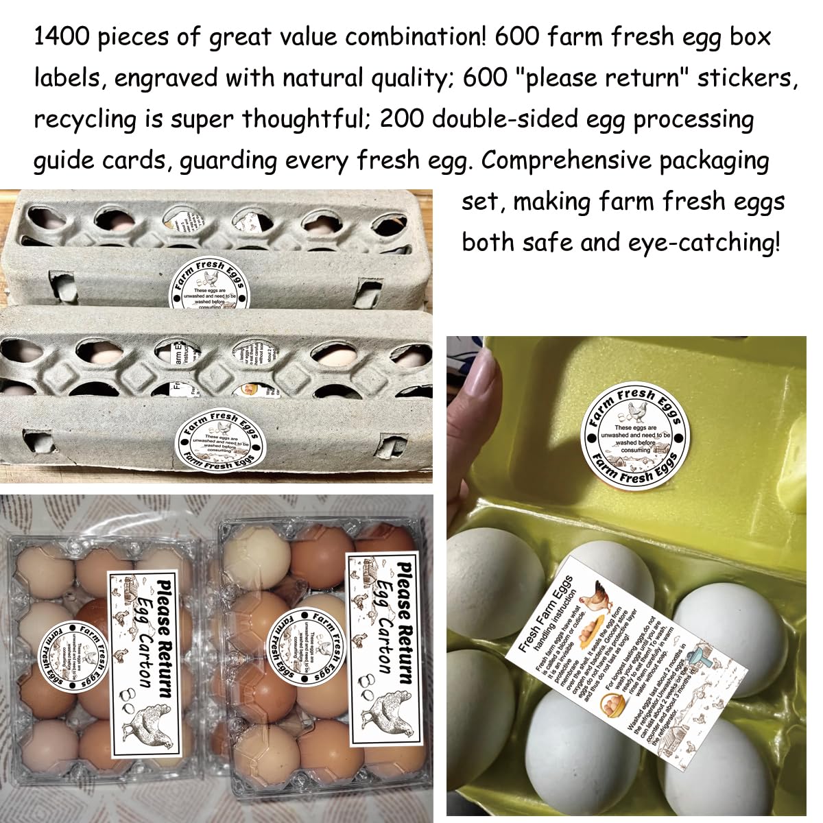 600 Pcs Farm Fresh Egg Carton Labels 600 Pcs Please Return Egg Carton Stickers 200 Pcs Double-Sided Egg Handling Instruction Cards Fresh Farm Egg Packaging Set for Eggs Care (Egg Set)