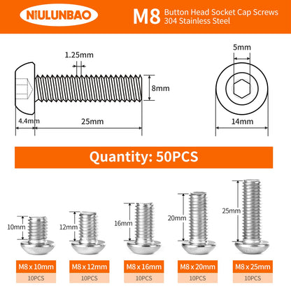 NIULUNBAO M8 x 10mm 12mm 16mm 20mm 25mm Button Head Socket Cap Screws Bolts, 304 Stainless Steel, Metric Allen Hex Drive, Machine Fully Threaded, Assortment Kit 50PCS