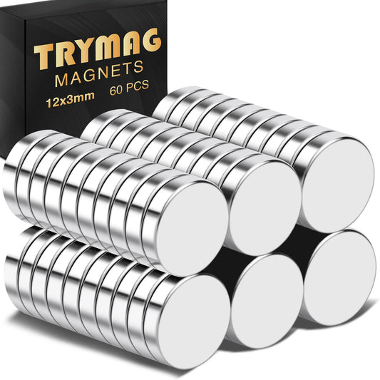 TRYMAG Magnets, 60Pcs Strong Rare Earth Magnets Small Round Fridge Magnets for Whiteboard, Heavy Neodymium Magnets Locker Magnets for Crafts, Whiteboard, Scientific Models 0.47 inch D x 1/8 inch H, 12 mm x 3 mm 60Pcs.