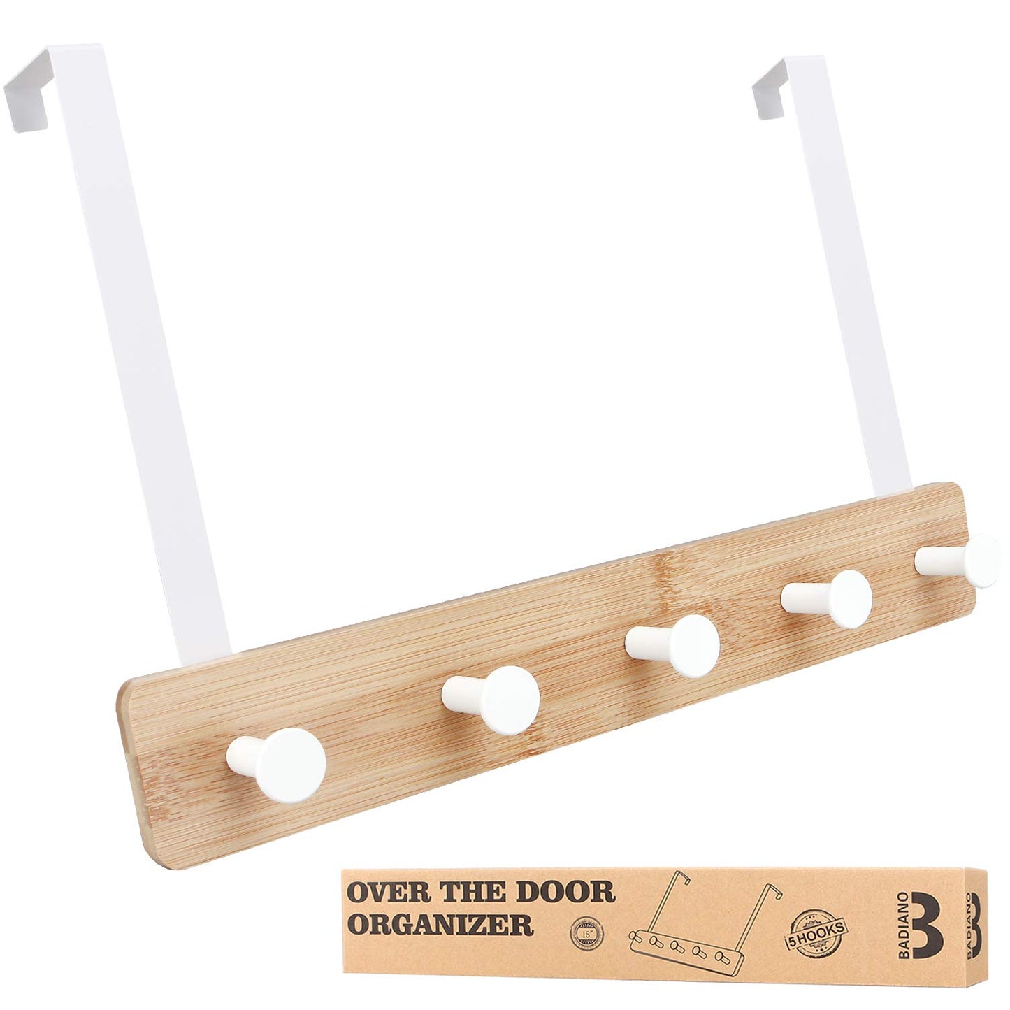 Over The Door Hook Hanger, Bamboo Coat Rack with 5 Metal Hooks, Wood Clothes Organizer for Coat, Towels, Bags, Robes (White)