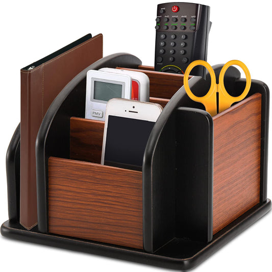 DEAYOU Wood Rotating Remote Control Holder, Spinning Remote Caddy for Table, 6-Compartment Wooden Revolving Office Supplies Desktop Storage Organizer for Pen, Pencil, Mail, Desk, Home, Living Room