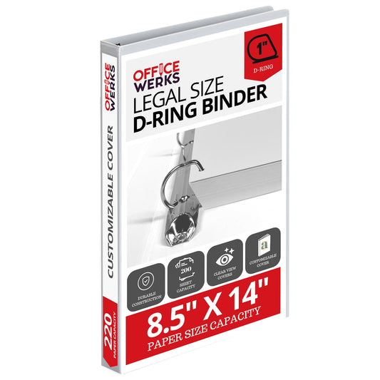 Office Werks Heavy Duty Legal Size View Binder - 14" x 8.5", White, 1 Inch D-Ring, Back Mount Binder