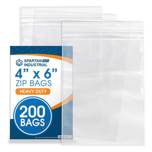 Spartan Industrial - 200 Count - 4” X 6” (4 Mil Heavy Duty) Thick Clear Plastic Reclosable Zip Poly Bags with Resealable Lock Seal Zipper - Durable