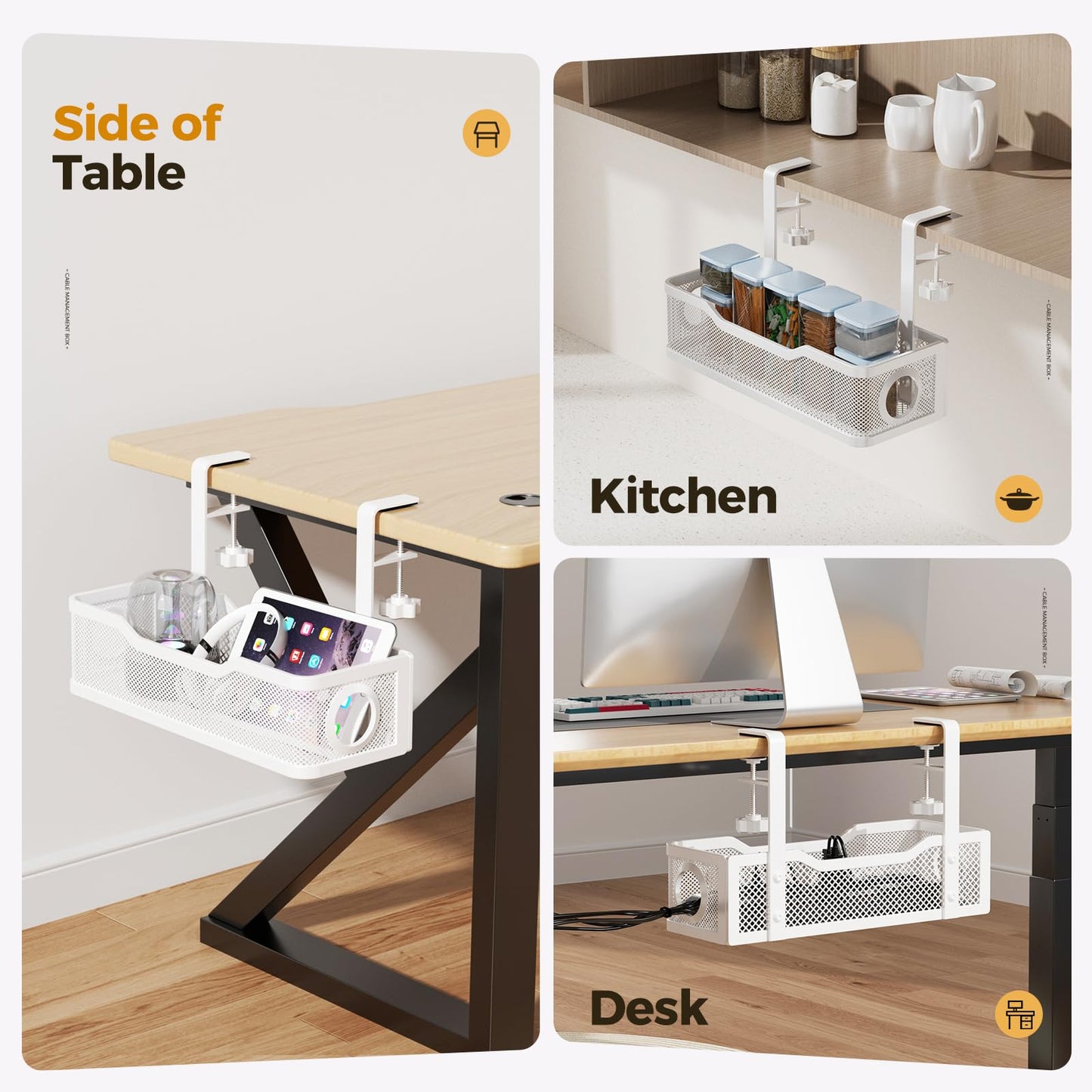 Under Desk Cable Management Tray White, Cinati Cable Management Under Desk No Drill, Cable Tray with Clamp for Desk Wire Management,Desk Cable Management Box for Office, Home - No Damage to Desk