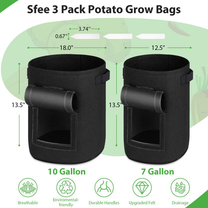 Sfee 10 Gallon Grow Bags, 3 Pack 400GSM Thickened Potato Grow Bags with Reinforced Handles, Double Layer Non-Woven Fabric Pots Heavy Duty Garden Bags to Grow Vegetables Carrot Onion+3 Garden Labels
