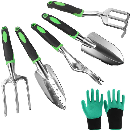 Garden Tools Set, 6 Pack Heavy Duty Stainless Steel Gardening Tools Include Weeder, Trowel, Transplanted, Cultivator, Weeding Fork, Gloves, Gardening Hand Tool Set for Planting, Transplanting