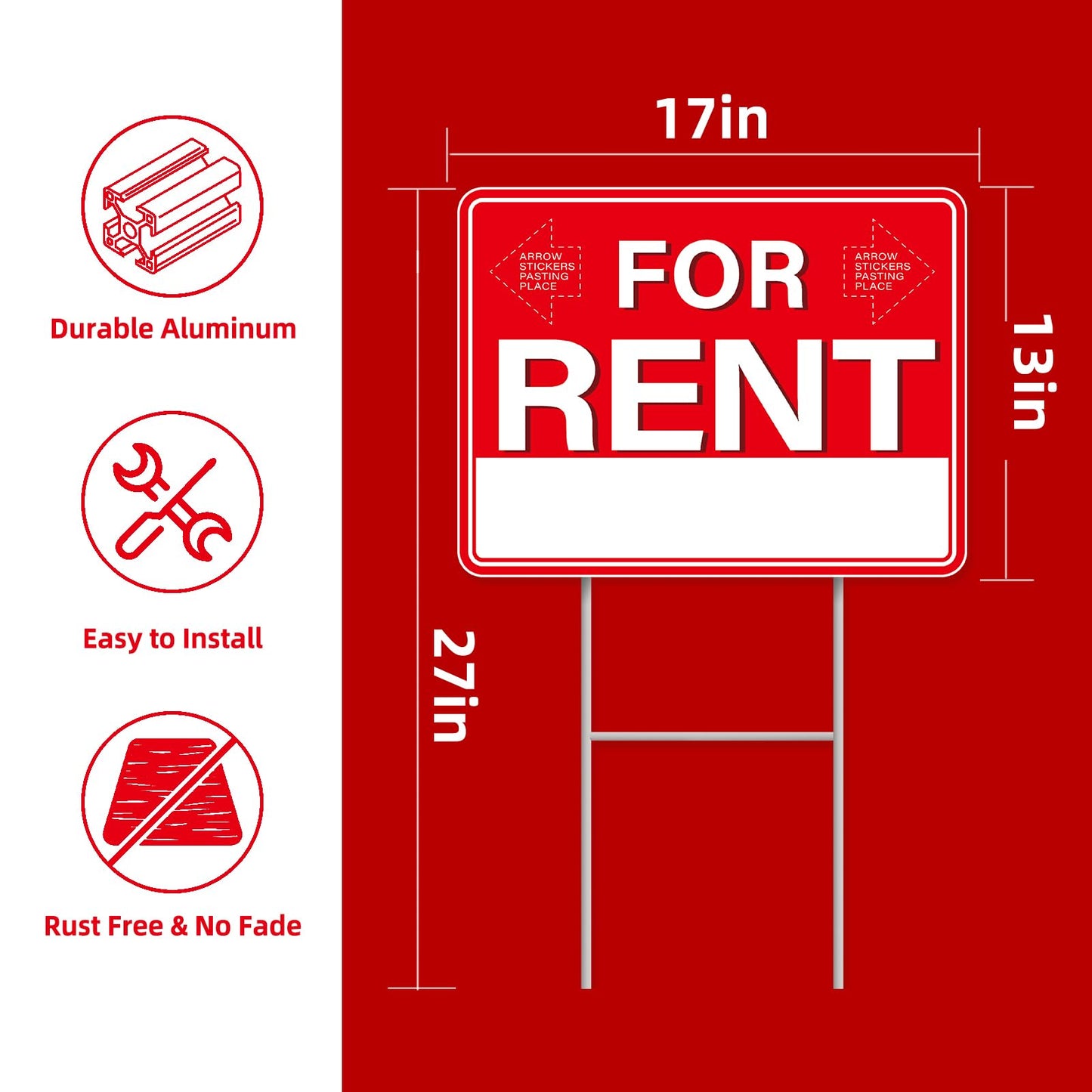 GXGGUS For Rent Signs with Stand,2 PCS 17" x 13" Double-Sided Yard Signs with Arrow Stickers Pricing Stickers, House Car Rental Supplies