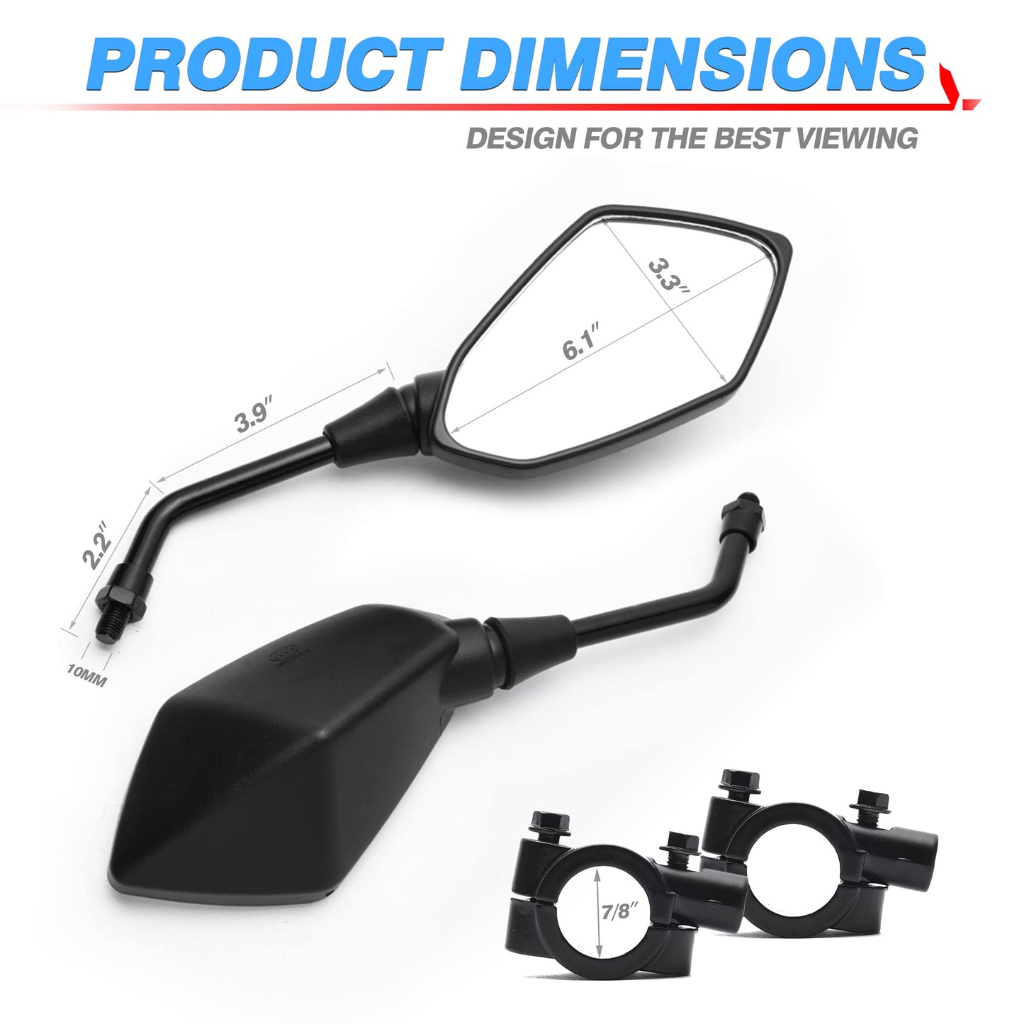MICTUNING Mirror for Motorbike,Universal Side Mirror with 10mm Bolt 7/8 inches Handlebar Clamp Mirror,High Definition,Blast-resistant Handlebar Wing Foldable Mirrors, End Side Mirror (2 Pack)