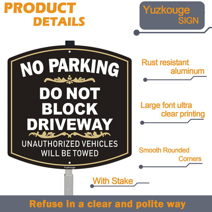 Yuzkouge No Parking, Do Not Block Driveway Sign, 12 x 12 Inches Aluminum Sign with 3 Feet Stake(Detachable), Weatherproof, Fade Resistant, Easy Mounting.