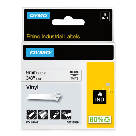 DYMO Rhino Industrial Vinyl Labels, 3/8", Black Print on White Tape