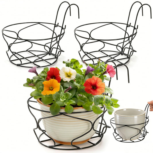 Noamus 3 Pack 10" Hanging Railing Planter Basket, Large Metal Balcony Flower Pot Holder with Hanger, Wall Mounted Plant Iron Rack with Detachable Hook for Garden Fence Porch Patio, Indoor, Outdoor