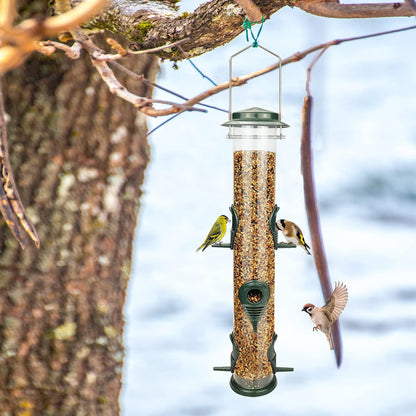 MIXXIDEA Metal Wild Bird Feeder Squirrel Proof Bird Feeders for Outside Hanging 6 Port Tube Bird Feeder Transparent Finch Feeder with Steel Hanger (2 PK, Green)