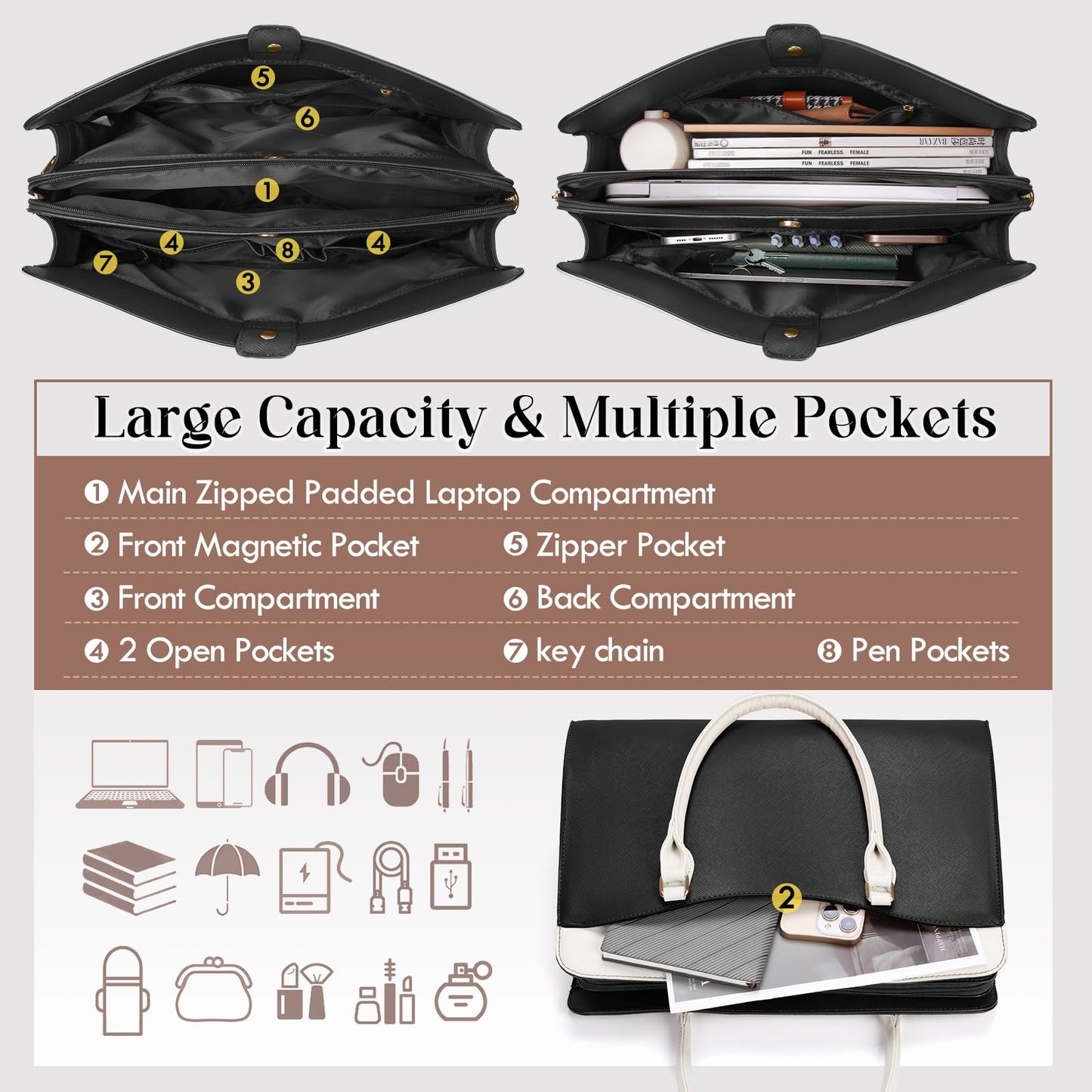 RAINSMORE Laptop Bags for Women 15.6 Inch Leather Laptop Tote Bag Large Capacity Work Tote Bag Waterproof Professional Business Computer Bag Handbag Shoulder Bag for Travel Office College